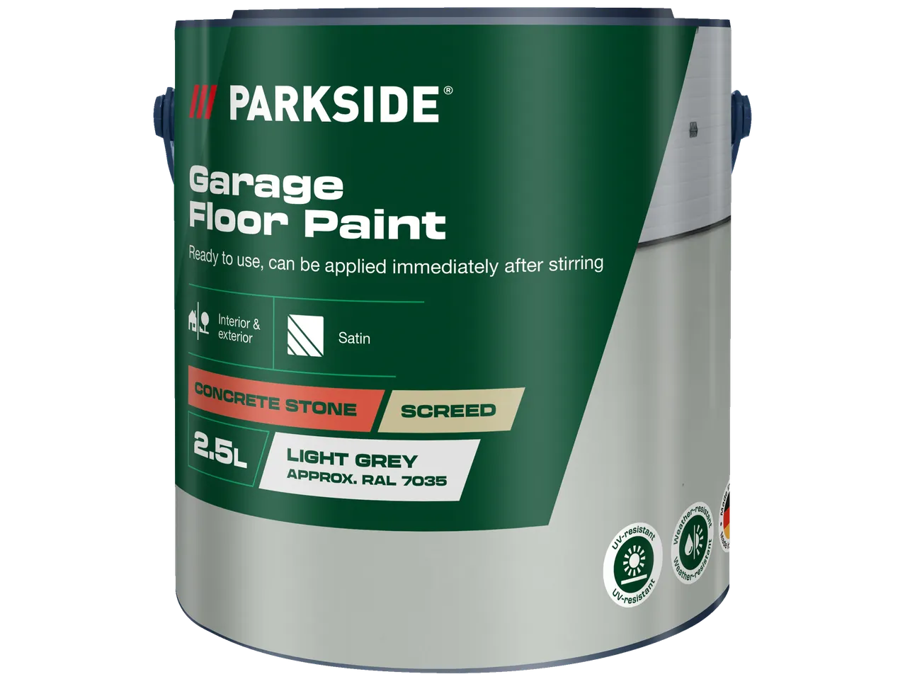 A can of garage floor paint in light grey, suitable for interior and exterior use.