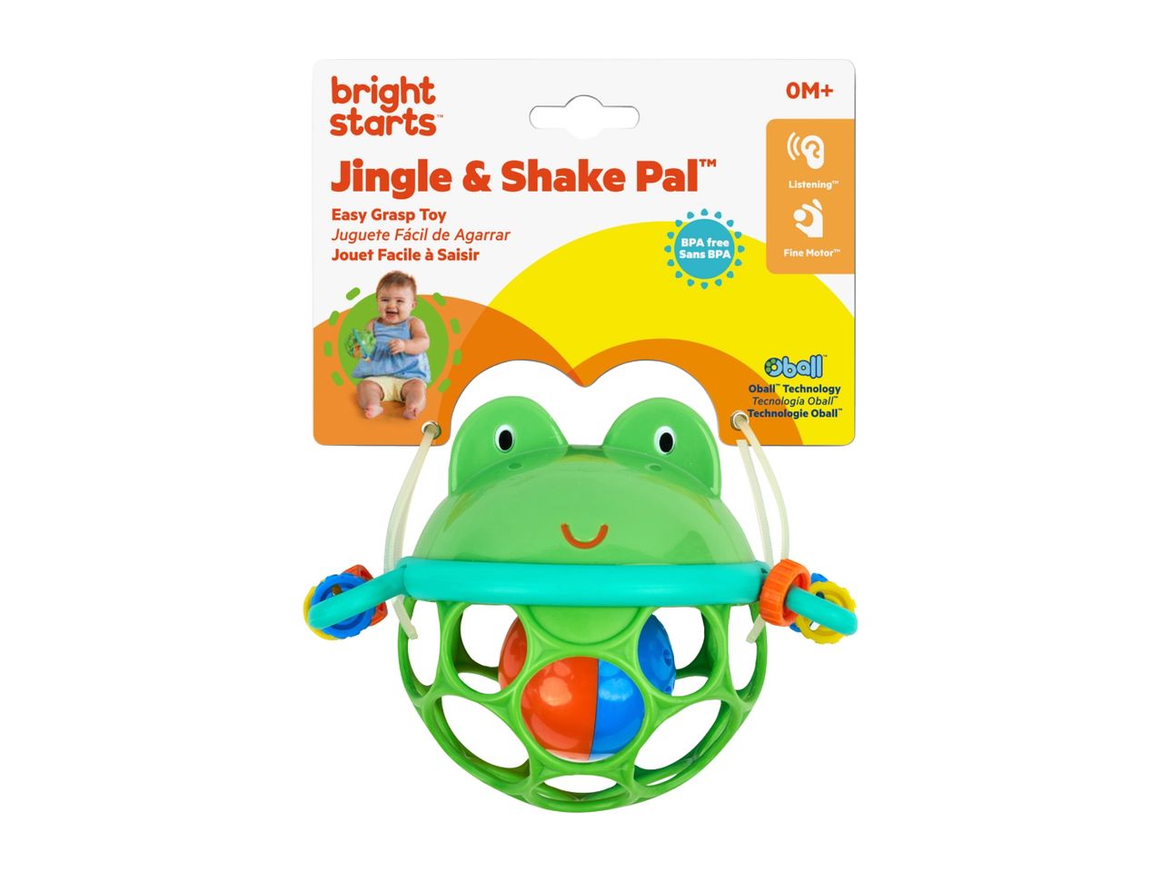 Baby rattle toy shaped like a frog, with a textured, easy-to-grasp design.