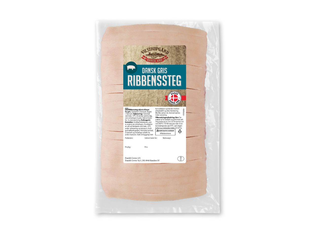 Vilstrupgaard Danish Gris Ribbenssteg i emballage med tilberedningsvejledning.
