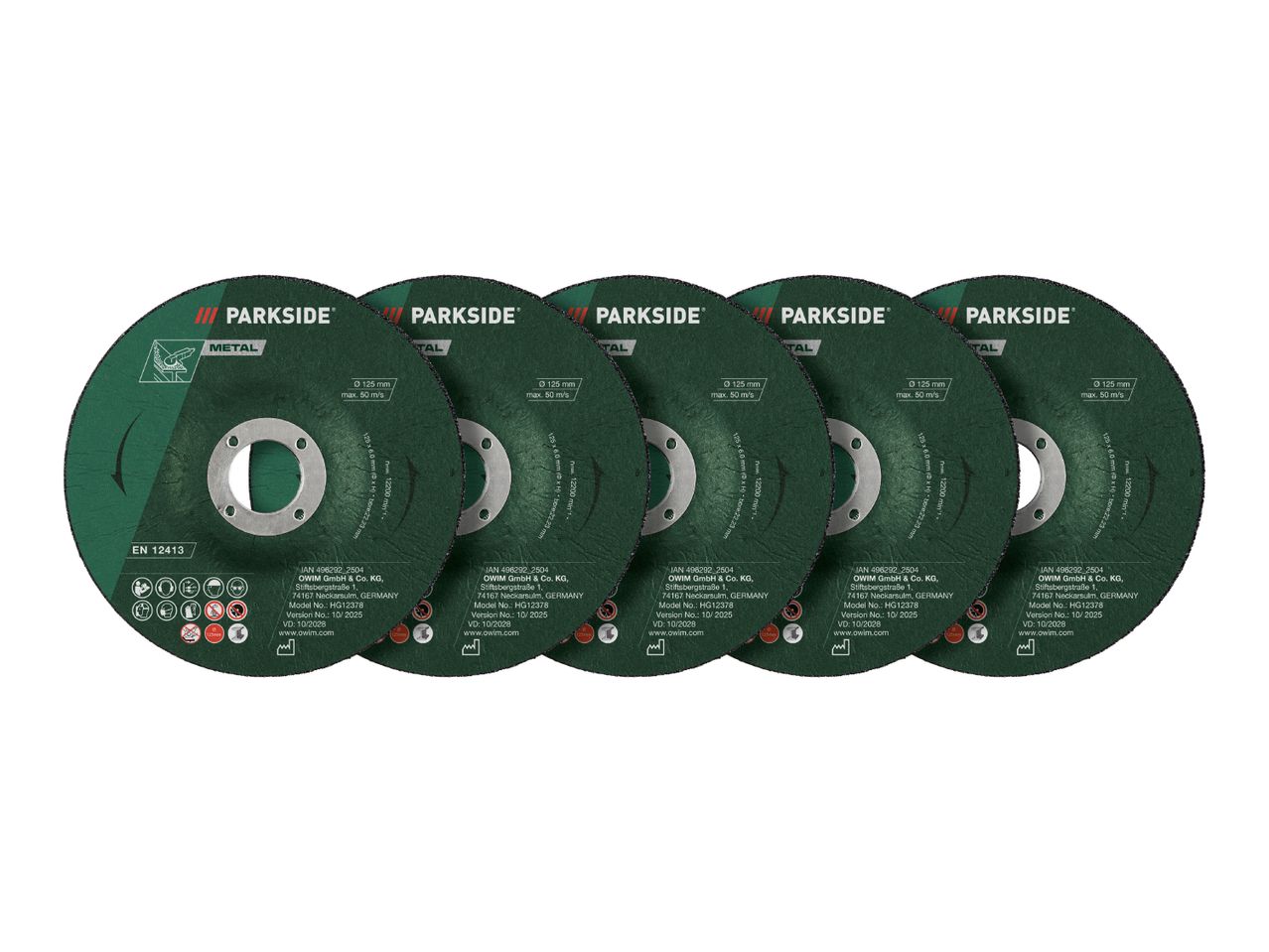 Five green metal cutting discs, 125mm diameter, for angle grinders.