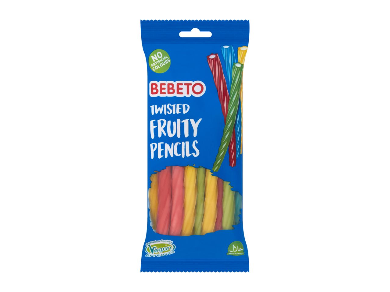 A packet of Bebeto Twisted Fruity Pencils on a white background.