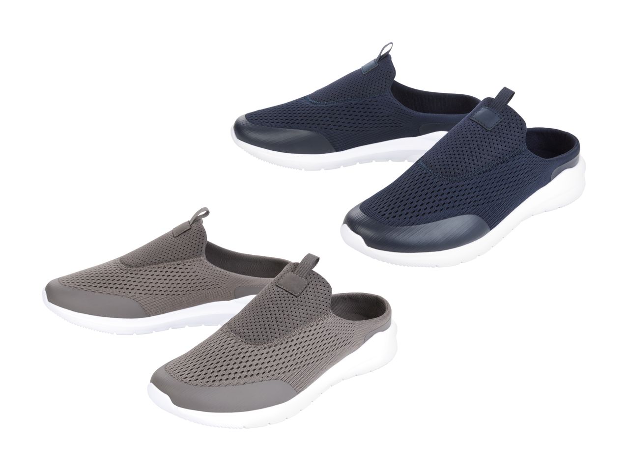 To par slidstærke, åbne sneakers i mørkeblå og grå.