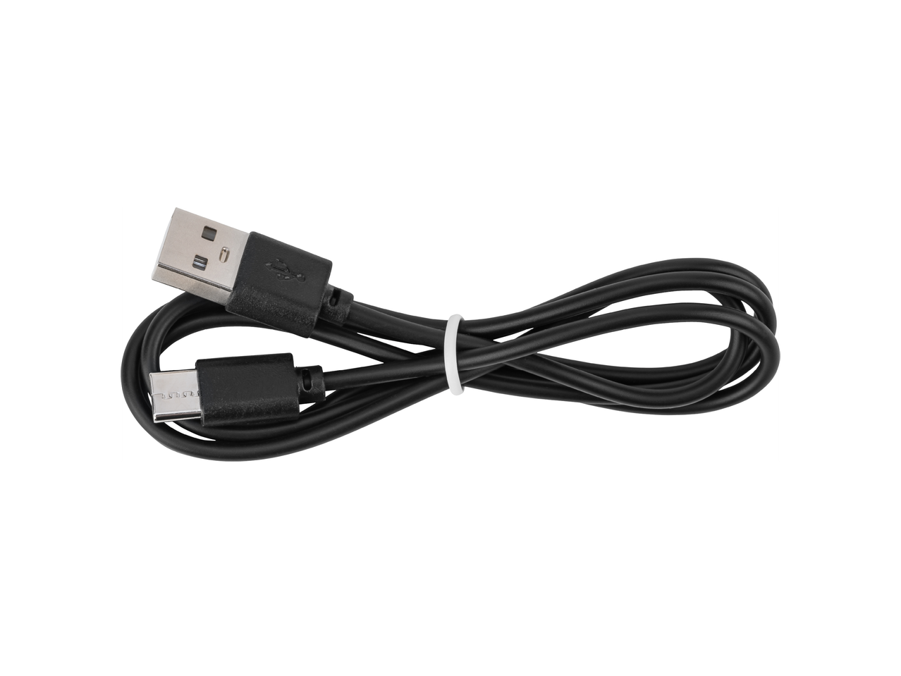 Черен USB кабел за зареждане и пренос на данни, навит и завързан с бяла връзка.