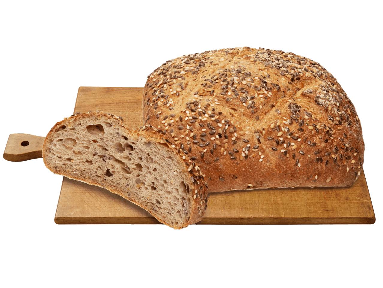 Szeletelt magvas kenyér fából készült vágódeszkán.