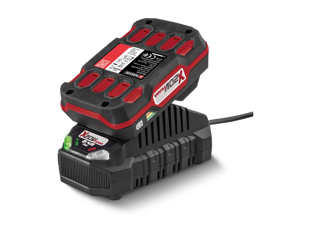 A black and red power tool battery charging on a black charger.