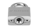 Cadeado Parkside prateado com buraco da fechadura.