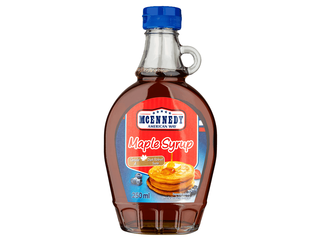 250 ml-es juharszirup üvegben, palacsintás illusztrációval a címkén.