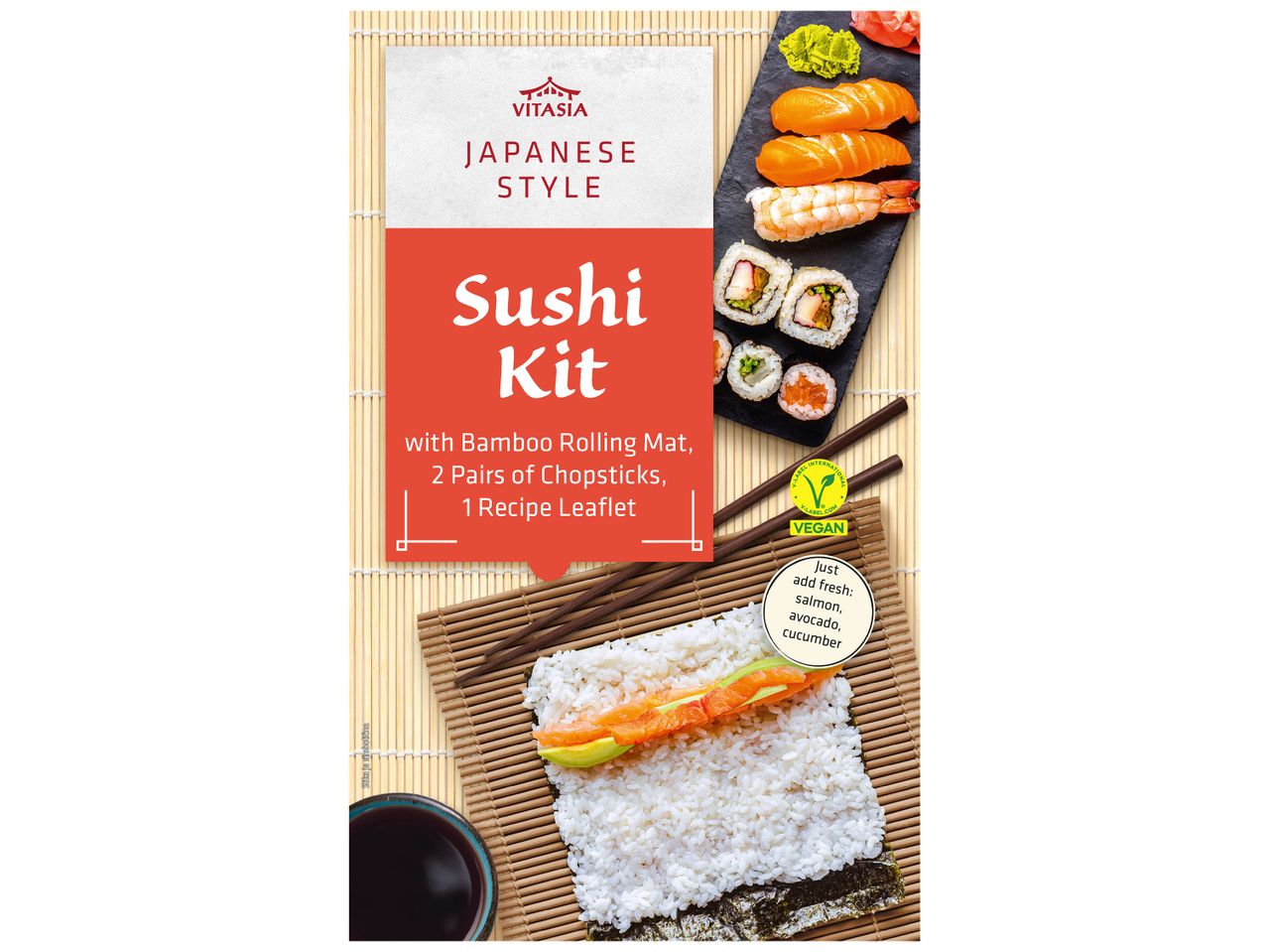 Kit de sushi japonais avec ingrédients et instructions.