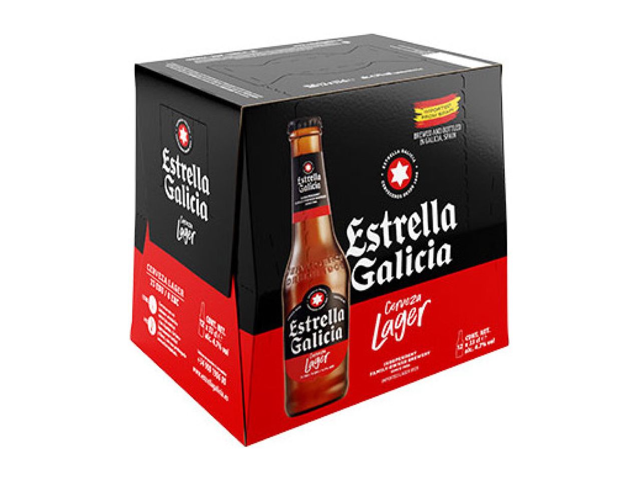 Estrella Galicia Lager beer 12-pack carton with a bottle visible.