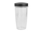 Clear blender cup with a black lid on a white background.