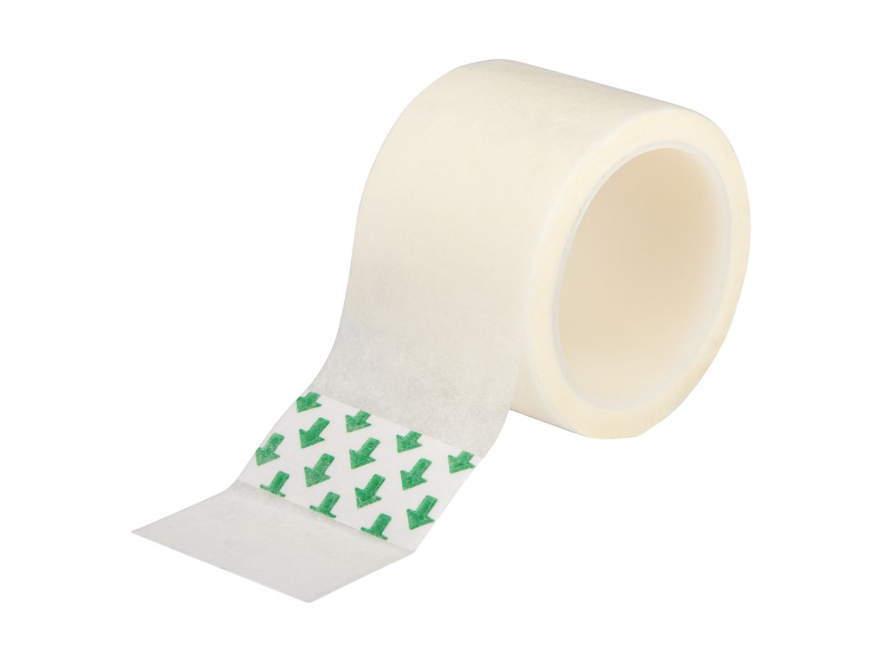 Roll of white medical tape with green arrows on the adhesive side, isolated on a white background.