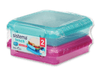 Zwei Sistema Lunchboxen in türkis und pink, stapelbar, Made in New Zealand.