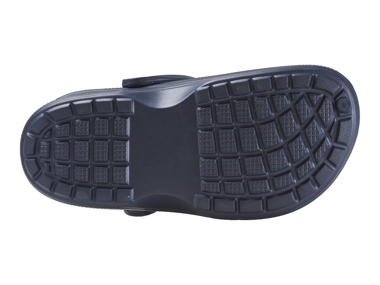 Bottom view of a dark blue plastic clog with a textured sole.