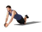 Man using an ab roller on an exercise mat.