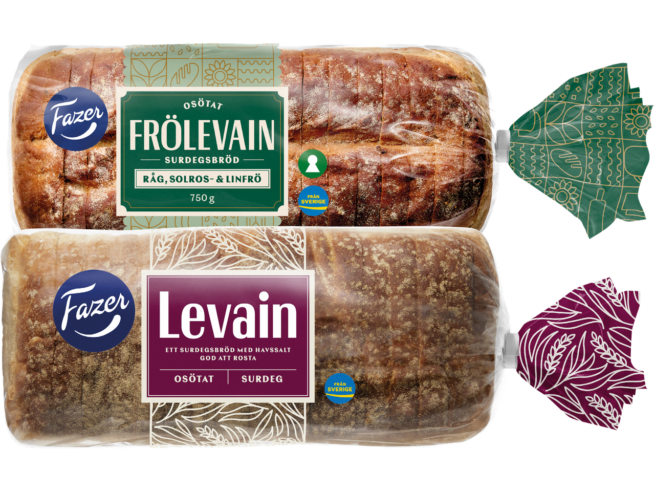 Två förpackningar Fazer surdegsbröd, Frölevain med råg, solros- och linfrö, samt Levain med havssalt.