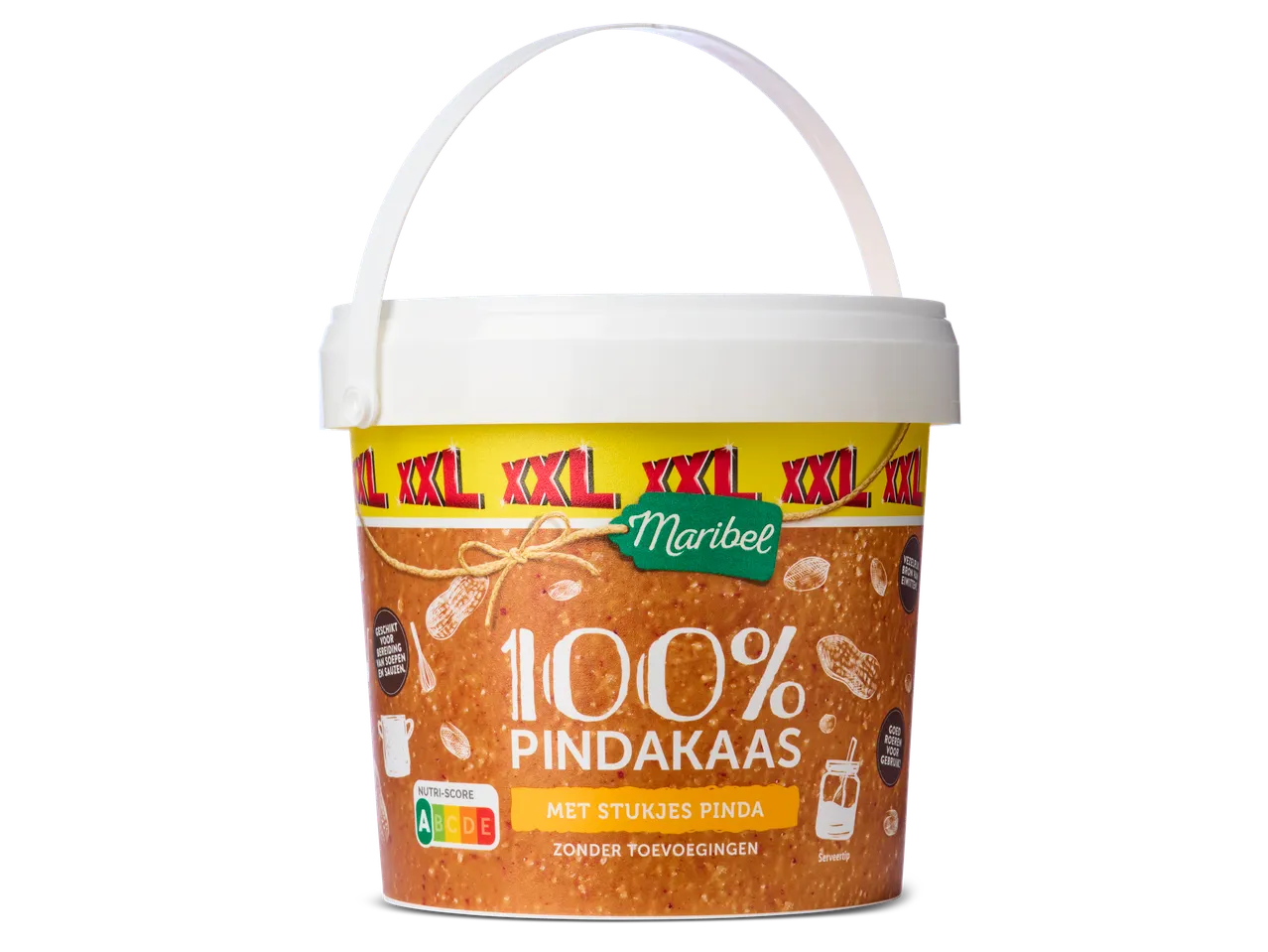 Een emmer Maribel 100% pindakaas met stukjes pinda is te zien.