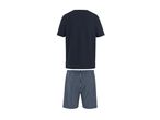 Men's navy blue short-sleeved t-shirt and striped shorts set.