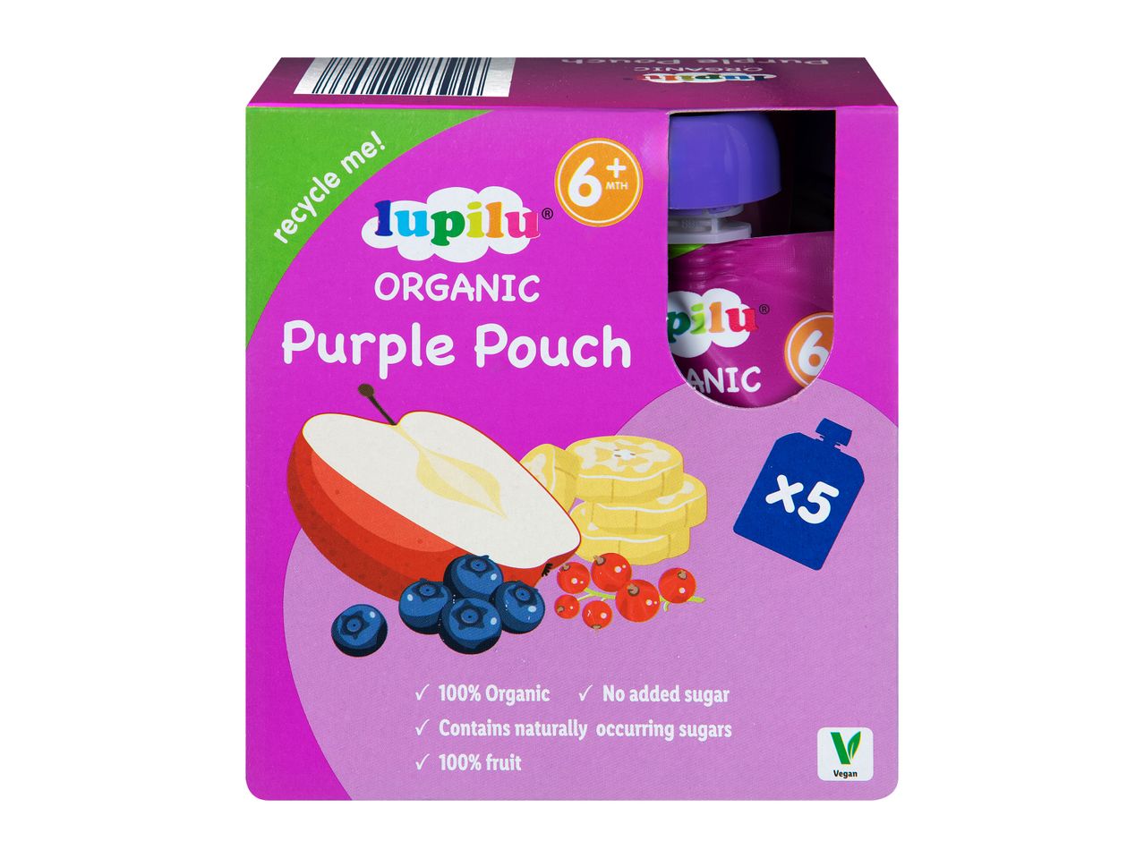 Little Organic Purple Pouch fruit puree pouches (x5), featuring apples, blueberries, and cranberries.