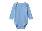Light blue long-sleeved baby bodysuit with snap closures at the crotch.