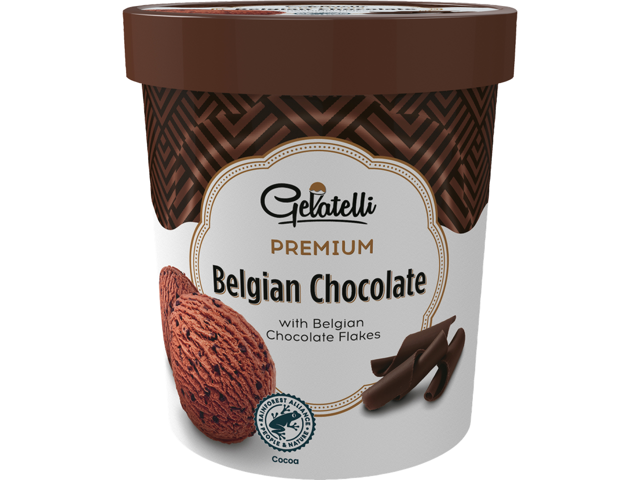 Inghețată Gelatelli Premium ciocolată belgiană cu fulgi de ciocolată.