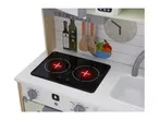 A wooden toy kitchen with a stove, sink, and various kitchen accessories.