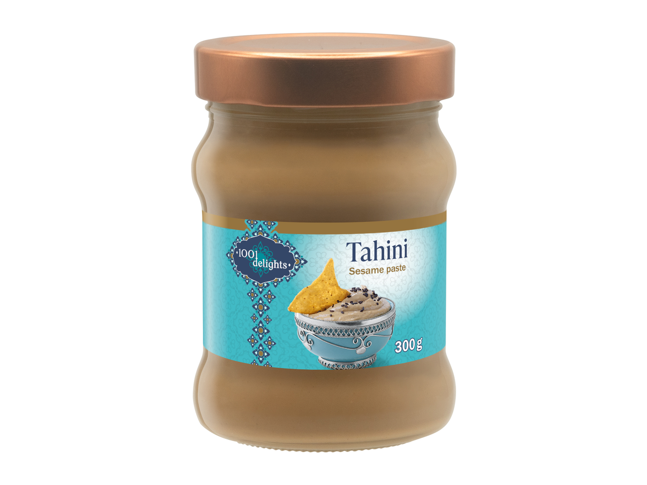 Jar of tahini sesame paste with a blue label featuring a bowl of tahini and a tortilla chip.