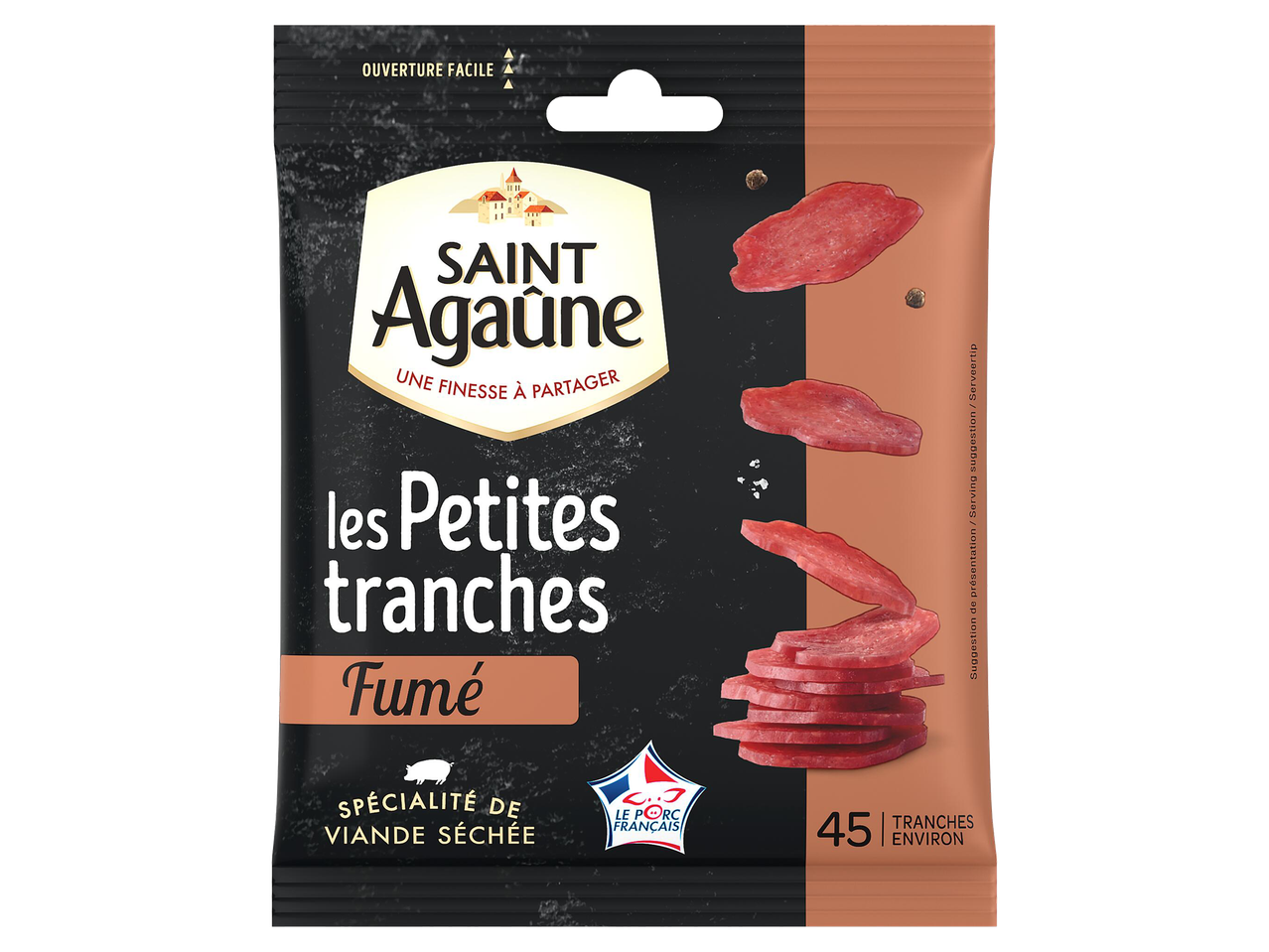 Paquet de petites tranches de viande séchée fumée, avec 45 tranches environ.
