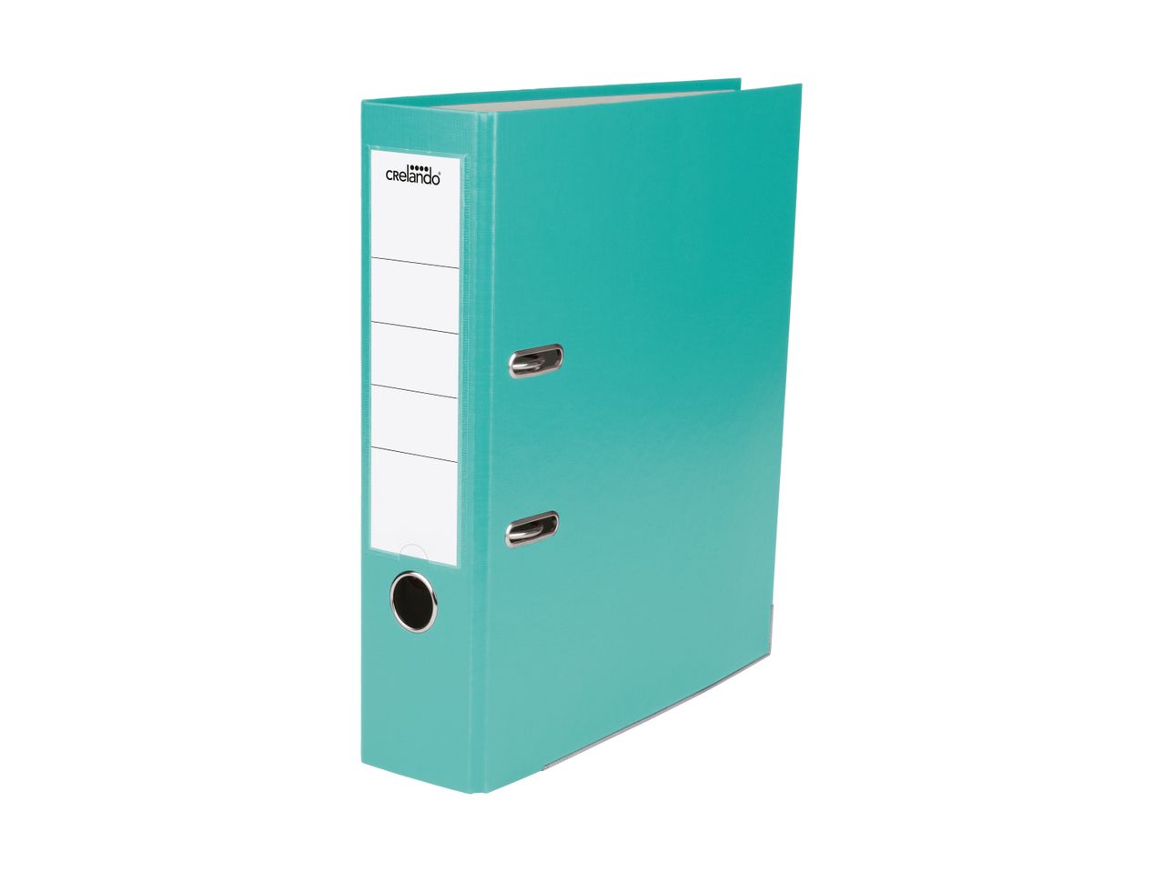 A teal lever arch file with a white spine label and metal finger hole.