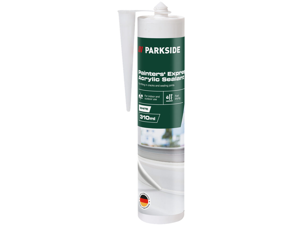Bela tuba PARKSIDE® Painters' Express akrilnog zaptivača, 310 ml, za unutrašnju i spoljašnju upotrebu.