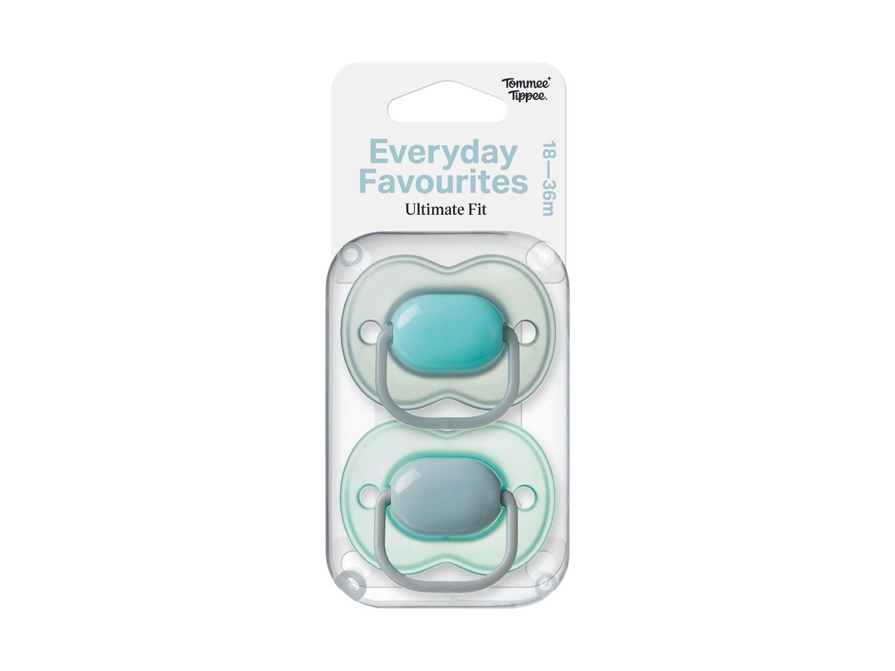 Two pacifiers in a clear package, one teal and one light blue, for 18-36 months.