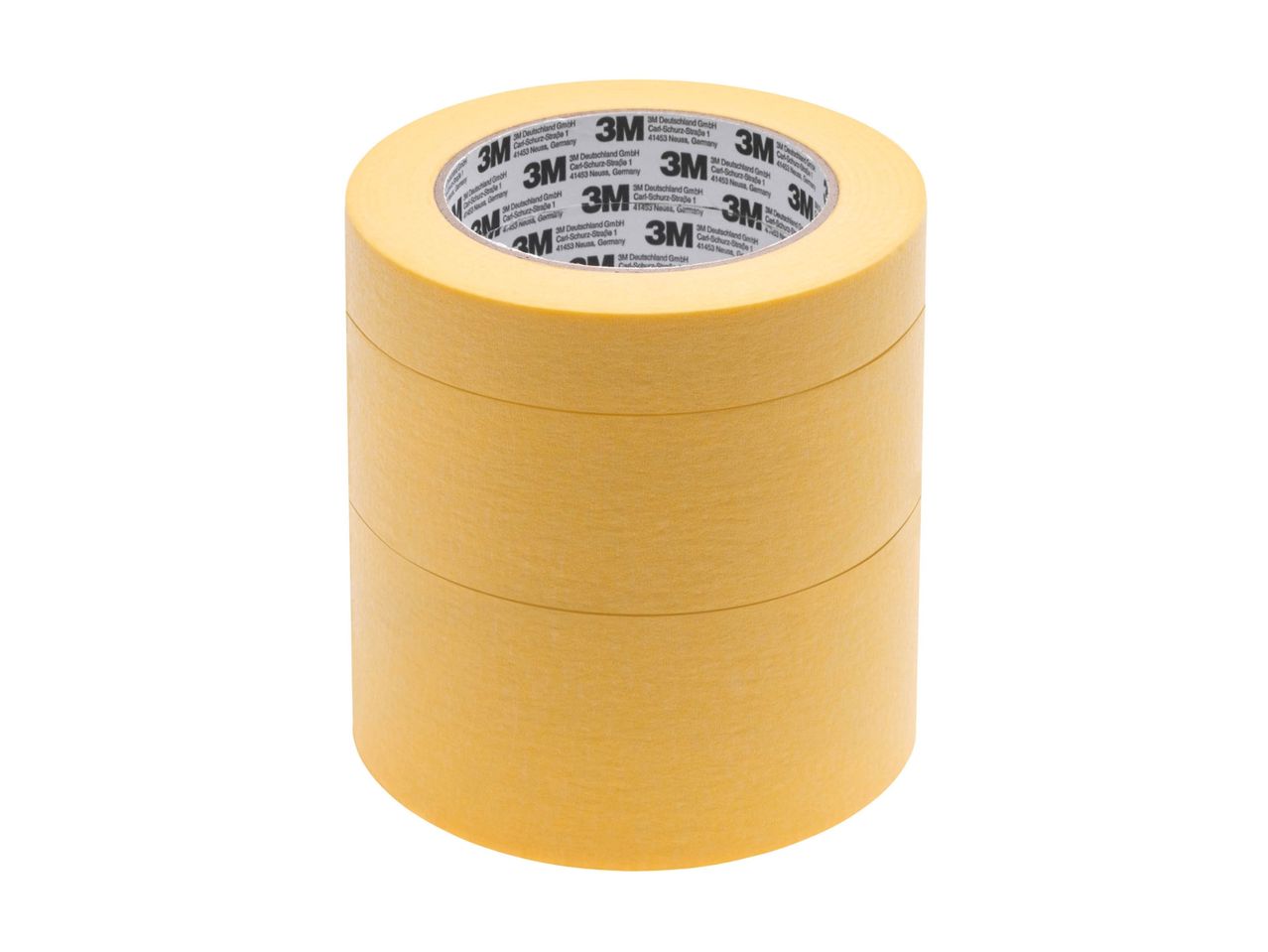 A stack of yellow 3M masking tape rolls with company information printed on the core.