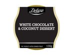 Black and gold label for white chocolate and coconut dessert, 130g, perfect after-dinner treat.
