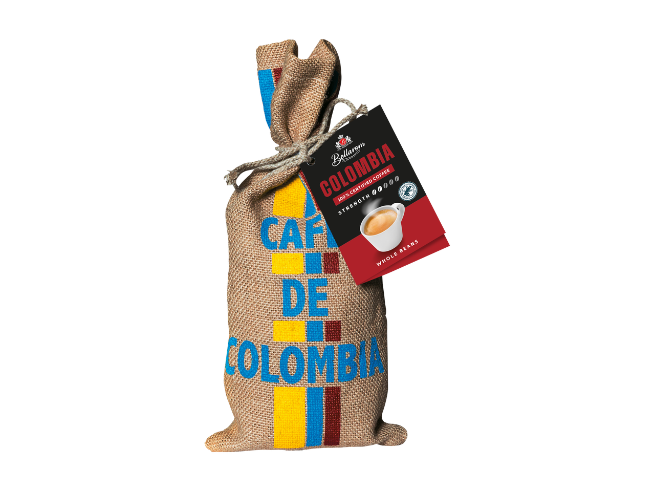 Cafea boabe Bellarom Columbia într-un sac de iută cu etichetă ce indică tăria și certificarea.
