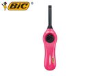 Pink gas lighter with a black igniter and a long black nozzle.