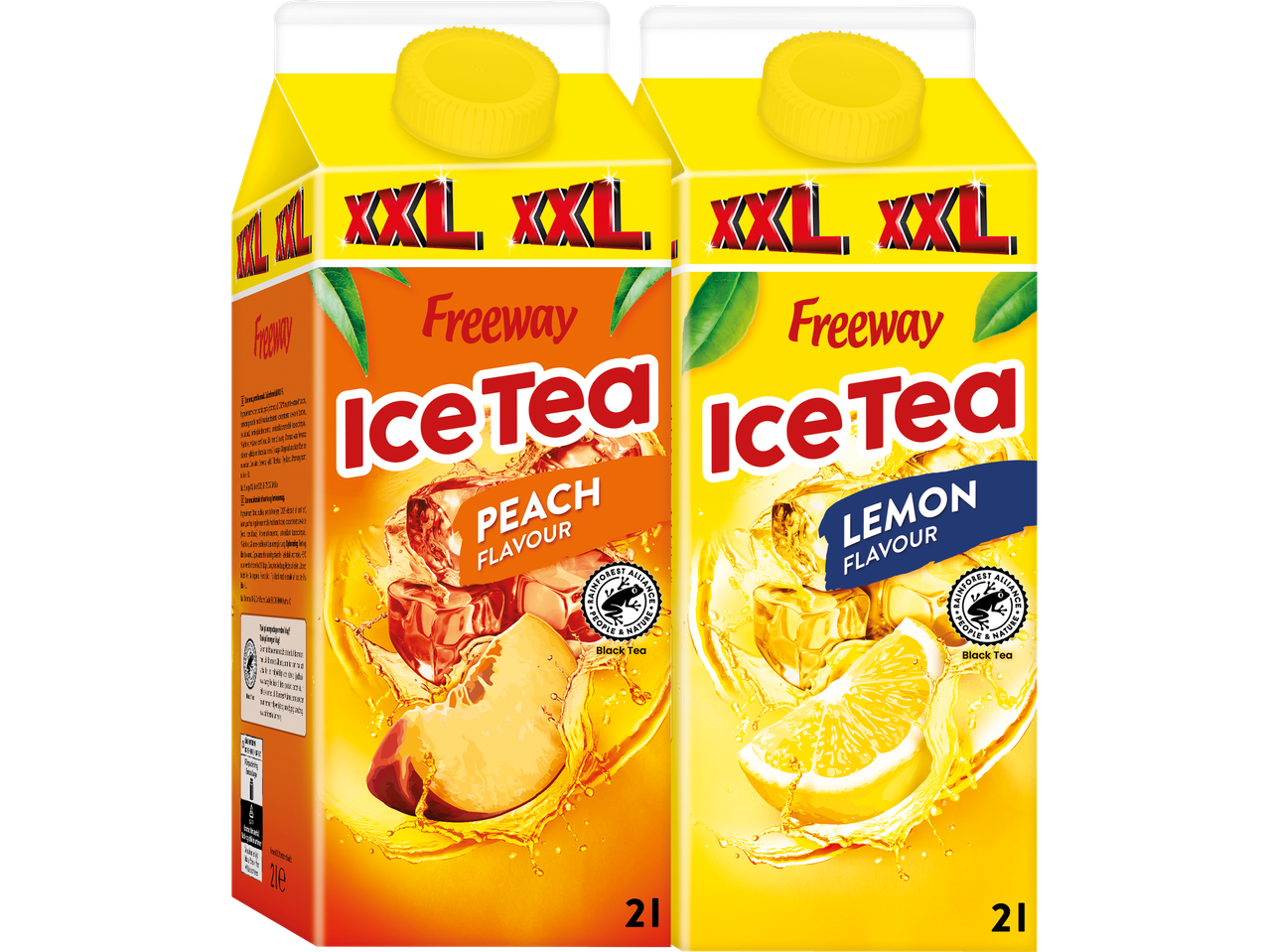 Två Freeway XXL Ice Tea-kartonger, en med persika- och en med citronsmak.