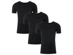 Three black short-sleeved t-shirts arranged diagonally