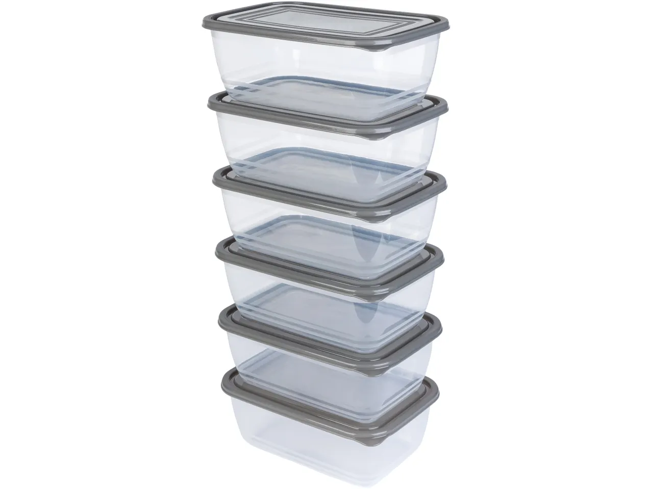 A stack of six gray-lidded, clear plastic food storage containers.