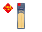 Pakke med linguine pasta med et rødt skilt, der siger 'Fast lav pris'.