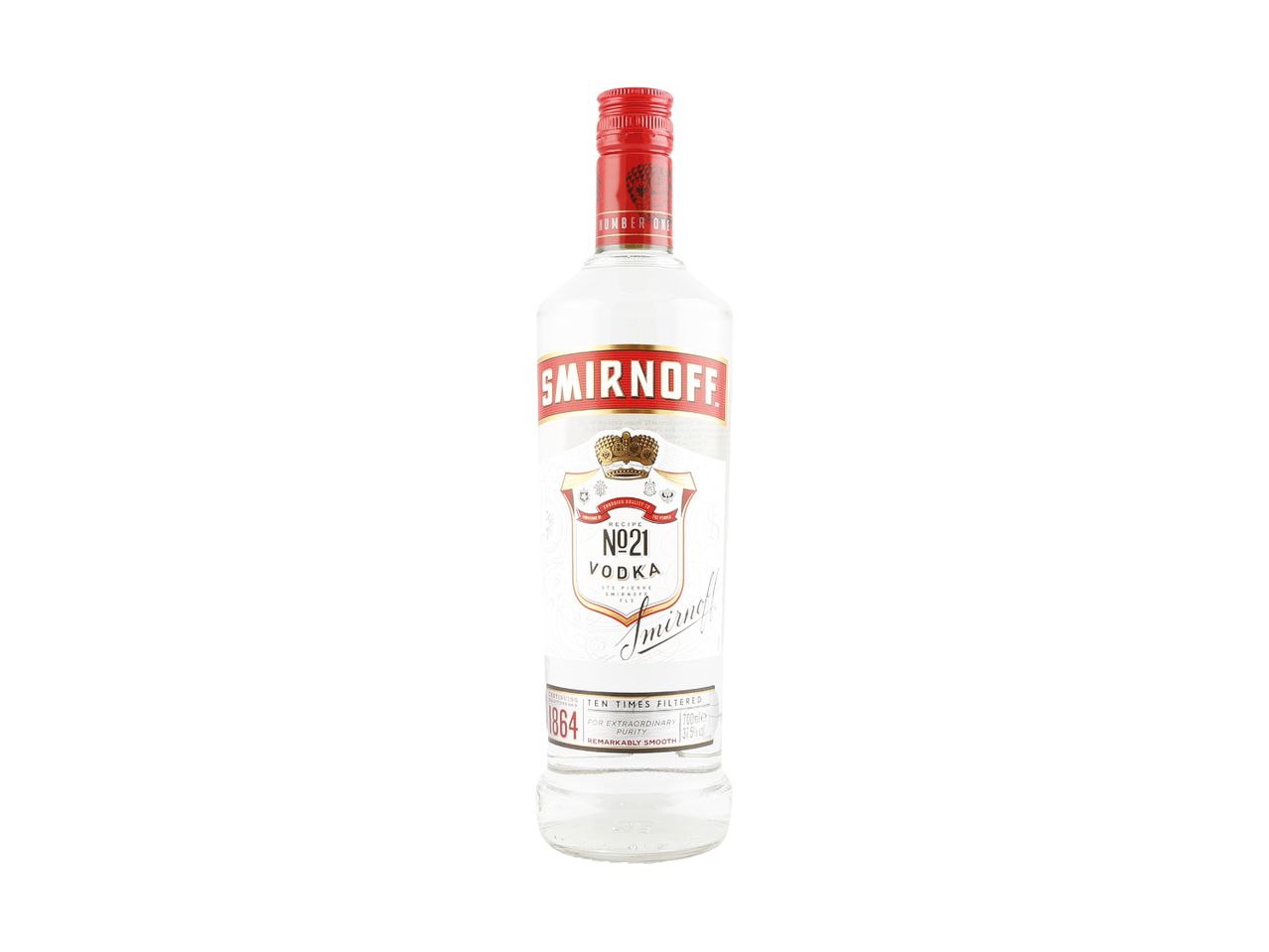 Smirnoff No. 21 Vodka bottle with a red cap and label, featuring a crown emblem.