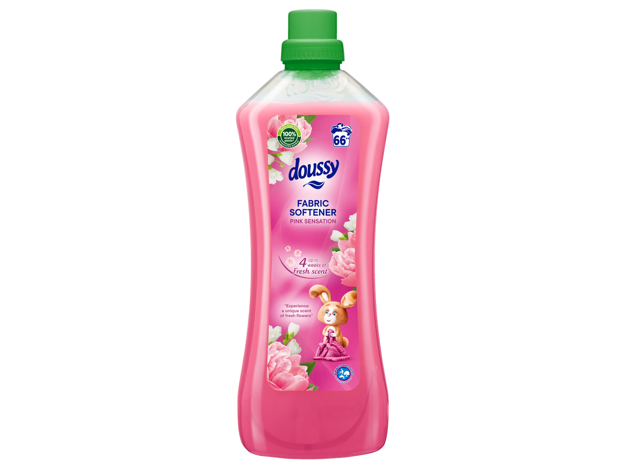 Dousy wasverzachter, roze geur, in een roze fles met een groene dop.