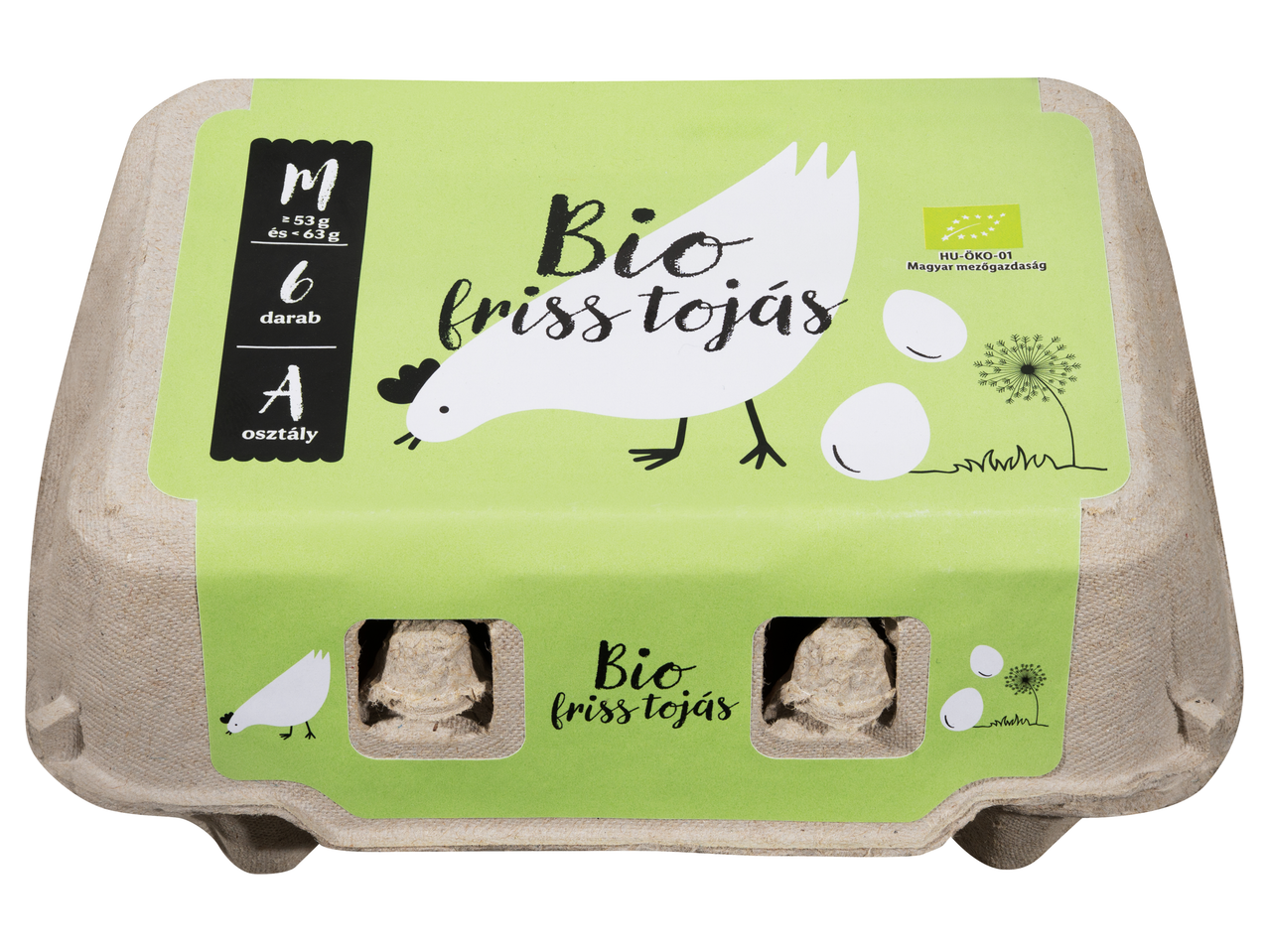 Bio tojás 6 darabos kiszerelésben, M-es méretben, A osztályú, zöld címkével.