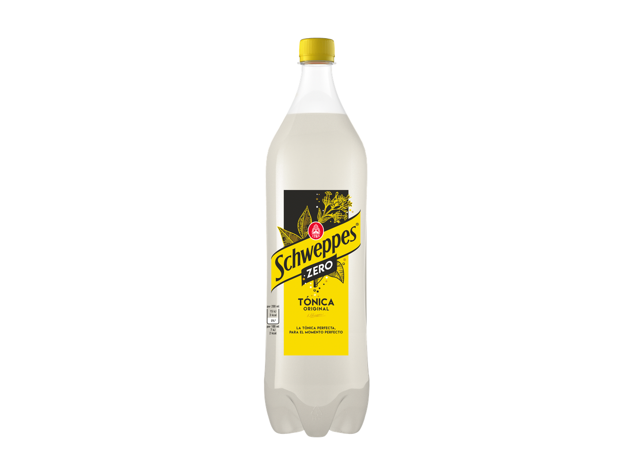 Garrafa de Água Tónica Schweppes Zero com tampa e rótulo amarelos.