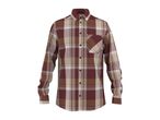 Men's long-sleeved plaid shirt in shades of brown, beige, and white.