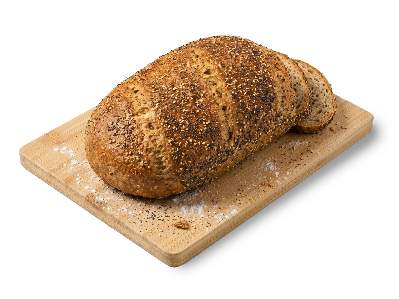 Gesneden brood met zaden op een houten snijplank.