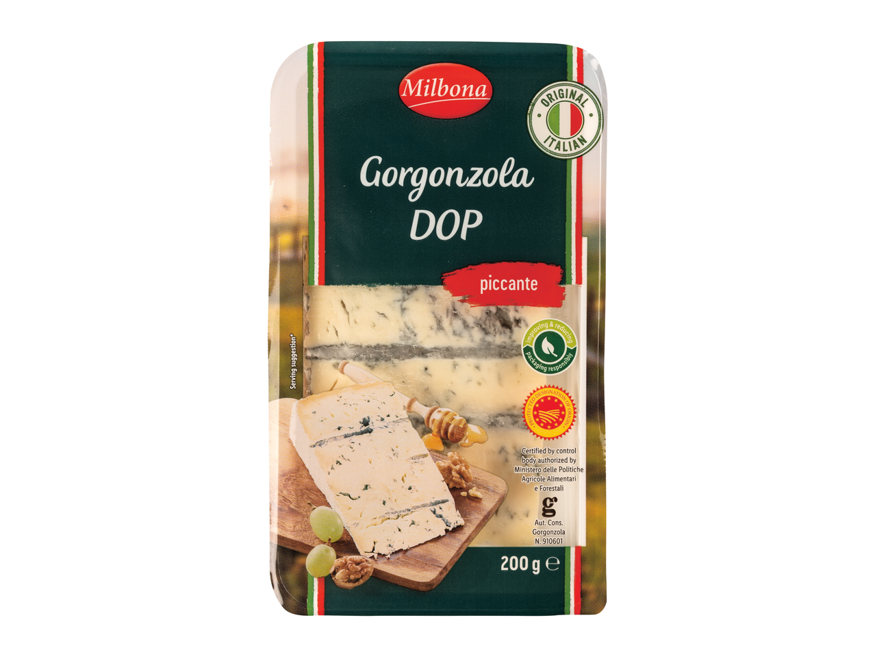 Ambalaj de brânză Milbona Gorgonzola DOP picantă.