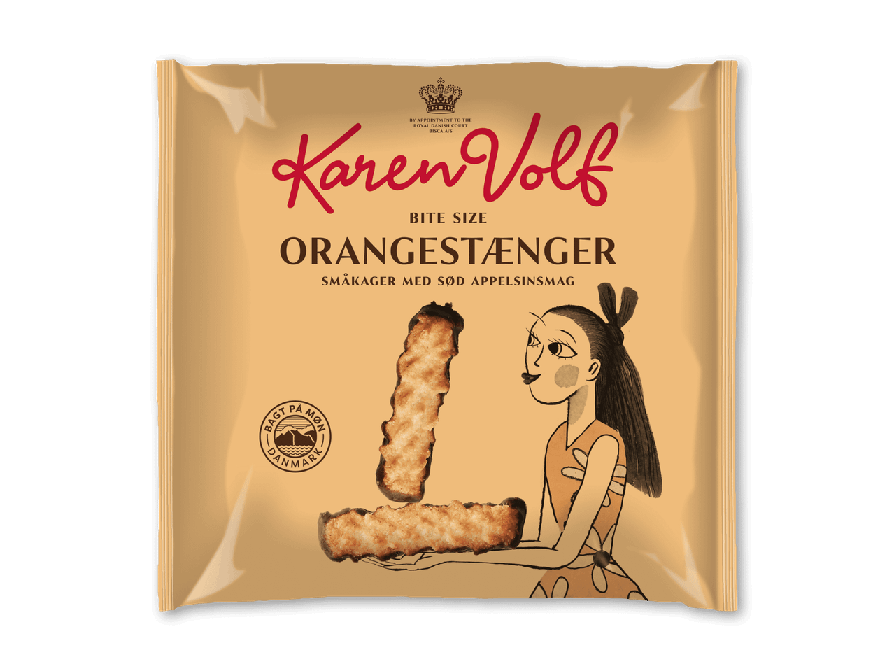 Orangekager med sød appelsinsmag, med en tegnet kvinde og et kongeligt emblem.