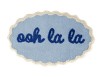 Blå og hvid oval måtte med teksten 'ooh la la' i mørkeblå skrift.
