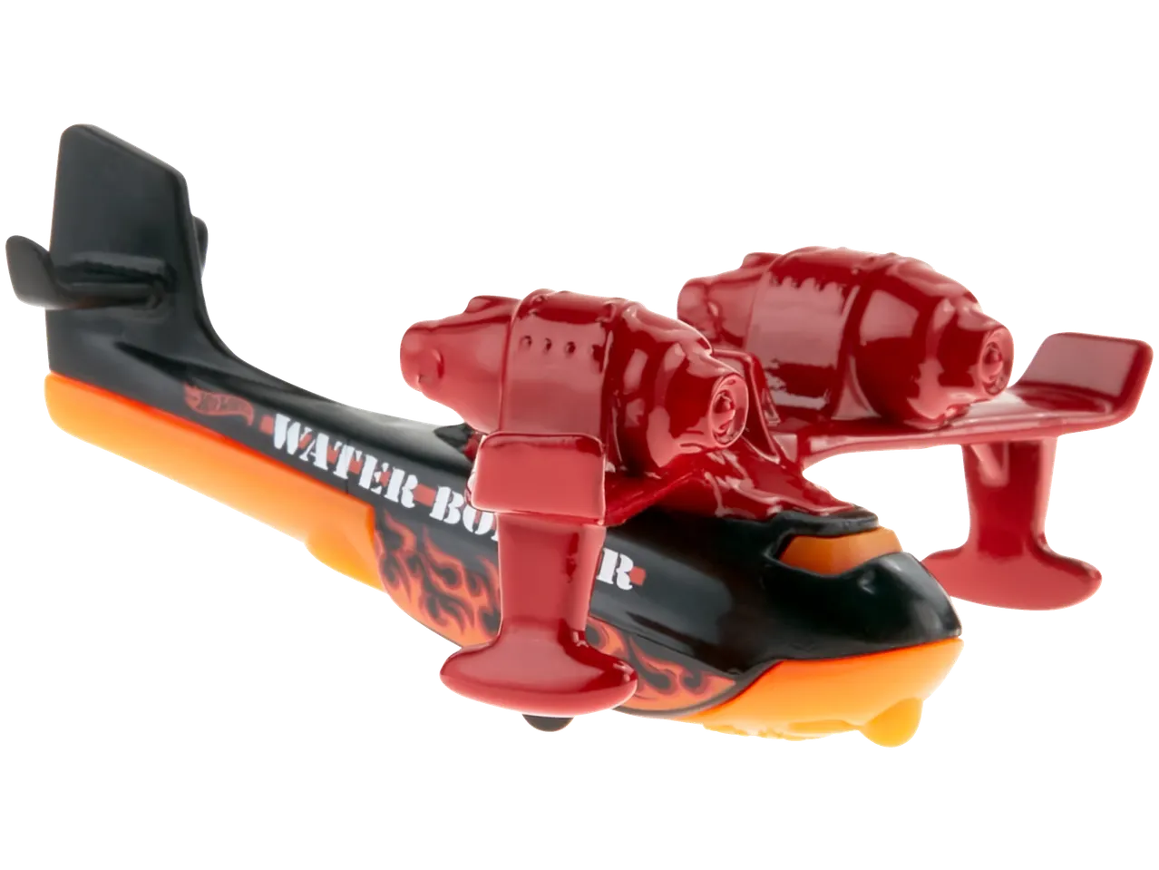 Hot Wheels Water Bomber toy plane, black and orange with red engines and flame decals.