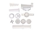 Meat grinder attachments including a worm, funnel, blades, and grinding plates.