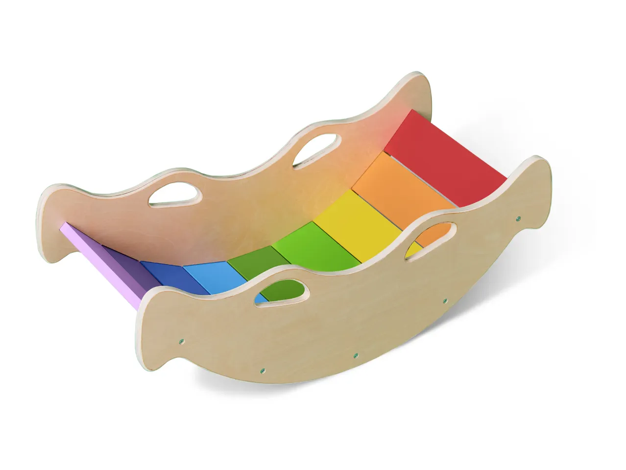 Wooden rainbow rocker with colorful slats, suitable for children's play and development.